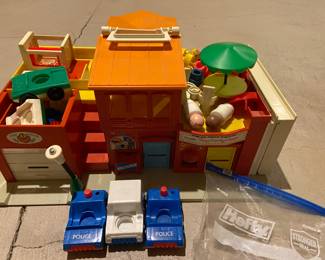 Vintage Fisher Price Play Family Village - Fire house roof missing - otherwise complete set with extra police cars, mail truck and people