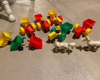 Vintage Fisher Price lot of Tractors, 2 cows and 2 Farmers