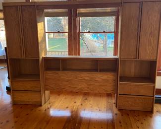 Full all wood bed frame/headboard with over head lighting.