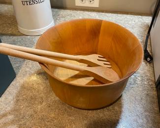 Wooden Salad Bowl + serving utensils,  was $14, NOW $10