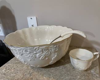 Lenox Holiday Hostess Bowl 12” Wide Embossed Holly And Bowl, ladle and 12 cups, was $95, NOW $65