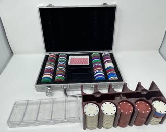 Case of poker chips, 5 stacks of poker chips + holder, acrylic chip holder,  was $20, NOW $15