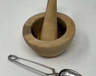 Mortar & Pestle / wood,  was $8, NOW $6.  Tea/herb strainer infuser, was $4, NOW $3