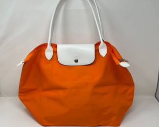 Sarah Morris Longchamp Le Pliage Folding Nylon orange & white tote< 18" x 10" x 8",  was $65, NOW $40