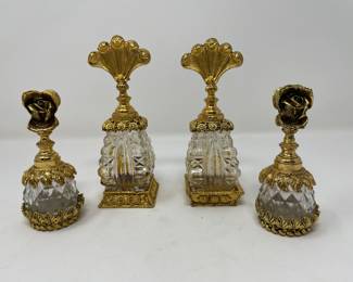 Vintage Gold Ormolu Filigree Perfume Bottle (middle bottles), 6"H,  was $65 each, NOW $40 each.  Vintage Perfume Bottle Matson Stylebuilt Glass 24K Gold Filigree Ormolu Rose (outside bottles),  was $55 each, NOW $35 each