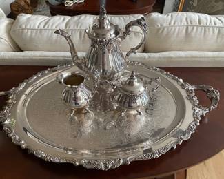 Wallace Baroque Silver Plate Coffee Teapot Sugar & Creamer on Tray. was $195, NOW $125