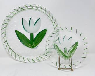 Kosta Boda hand blown flower plate signed,  Large was $38, NOW $28, Small, was $14, NOW $8