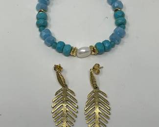 Panacea Genuine Pearl & Howlite Beaded stretch bracelet, was  $15, NOW $12.  Gold fern/feather earrings, was $14, NOW $10