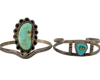 2pc Vintage Silver Turquoise Inlaid Bracelets