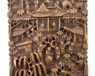 Detailed Chinese Carved Box Wood Card Holder
