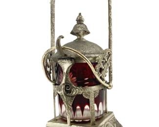 Ornate Metal Framed Cranberry Glass Pickle Castor
