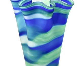 Blue and Green Swirled Design Art Glass Vase
