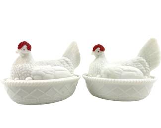 2pc Milk Glass Hens on Nests
