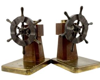 Mid Century Wood & Brass Ship Wheel Bookends
