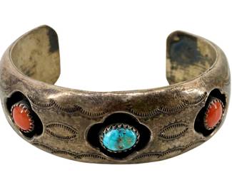 Vintage Nickel Silver, Coral, and Turquoise Bracelet
