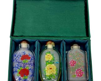 3pc Painted Floral Art Glass Snuff Bottles & Case
