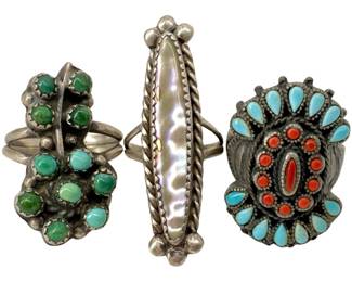 3pc Native American Silver Coral and Turquoise Rings