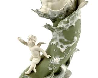 Antique German Jasperware Porcelain Cherub Vase
