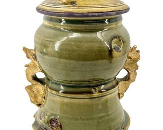 Signed Azzaro Green & Gold Glazed Stoneware Jar
