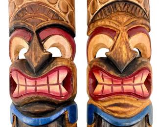 Vintage Carved Wooden Indonesian Tribal Mask Set
