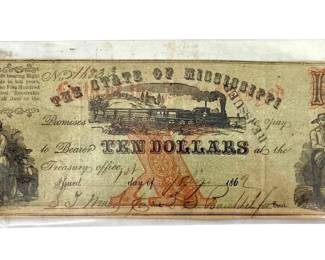 1862 Antique Mississippi Ten Dollar Bill
