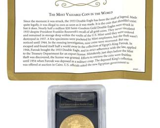 Rare 1933 $20 Saint-Gaudens Gold Double Eagle Coin Reproduction
