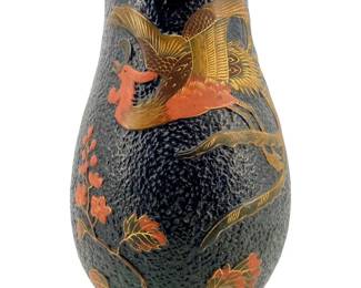 Vintage Japanese Crane Design Brown Ceramic Vase
