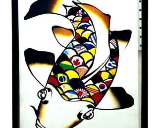 Signed Japanese Modernist Koi Fish Block Print
