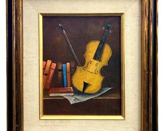 Signed Stillwell Violin Still Life Oil on Canvas
