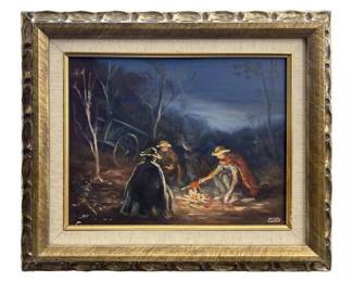 Signed Western Campfire Landscape Oil on Panel
