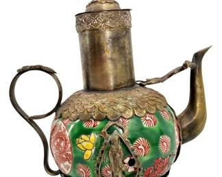 Antique Kwanyin Silver & Porcelain Chinese Teapot

