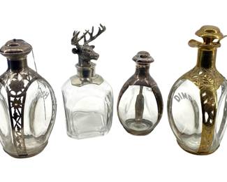4pc Brass/Pewter/Silver Decorated Glass Decanters
