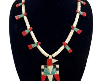 Coral and Turquoise Eagle Pendant Bone Necklace