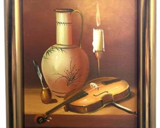 Signed J. King Violin Still Life Oil on Canvas
