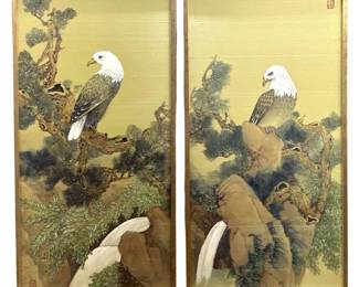 2pc. Asian Eagle Gouache on Silk Painting

