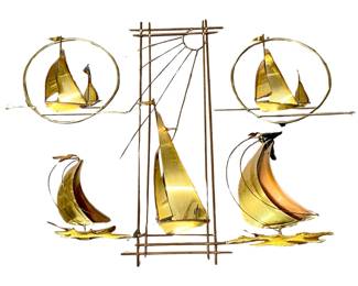 5pc Mid Century Modern Signed Brass Ship Wall Art
