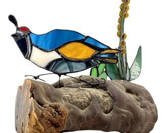 Mosaic Art Glass Running Quail on Wooden Base
