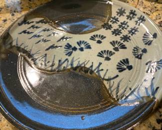 Gray and Blue Pottery Plate with Fan Design