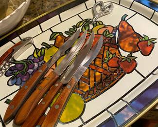 Set of 4 Teak Wood Handled Steak Knives