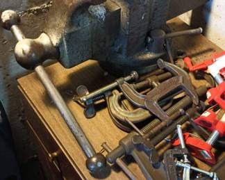 Reed Large Bench Vise, Assortment of Clamps