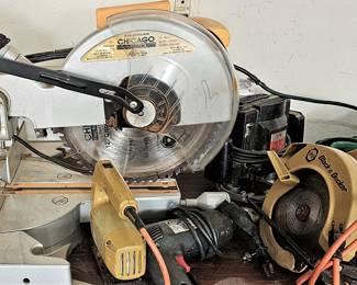 Miter saw and other saws and hand tools.