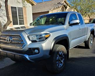 2016 Toyota Tacoma Truck for sale. 4-wheel drive, new tires, bed cover, 45,000 miles, one elderly owner, no accidents, no scratches, no dents, always detailed, only one person, the owner ever rode in the vehicle, We are taking bids starting Thursday at 8m until Saturday.