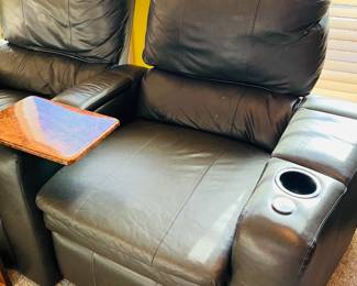 3 movie theater style recliners with trays & cup holders