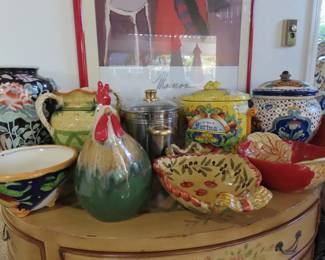 Highly decorated and Italian themed serving bowls storage cannisters and decor.