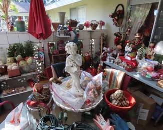 Christmas decorations, lights, ornaments. Water features. patio umbrellas.