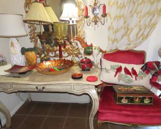 Multiple table lamps, Italian glass dish, wall sconces, Asian horse.