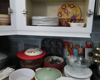 Kitchen casseroles, Pyrex, Corning ware, punch bowl. utensils.