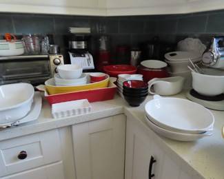 Toaaster oven, Corning Ware, CuisinArt blender with chopper. Sunbeam mixer on stand with bowls. Coffee makers.