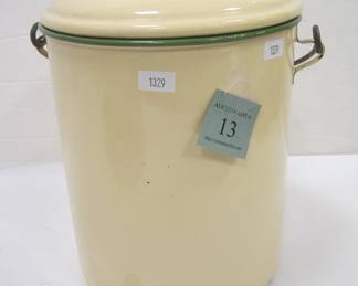 OLD ENAMEL WARE BUCKET WITH LID AND BEZEL