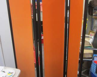 FOLDING THREE SECTION SCREEN WITH ORANGE CLOTH. GOLD METAL FOLDING FURNITURE CO. RACINE WIS